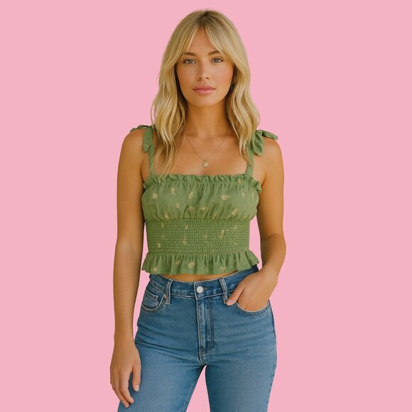🌿 Wilfred Green Floral Smocked Ruffle Crop Top – Size S 🌿 - Picture 1 of 6